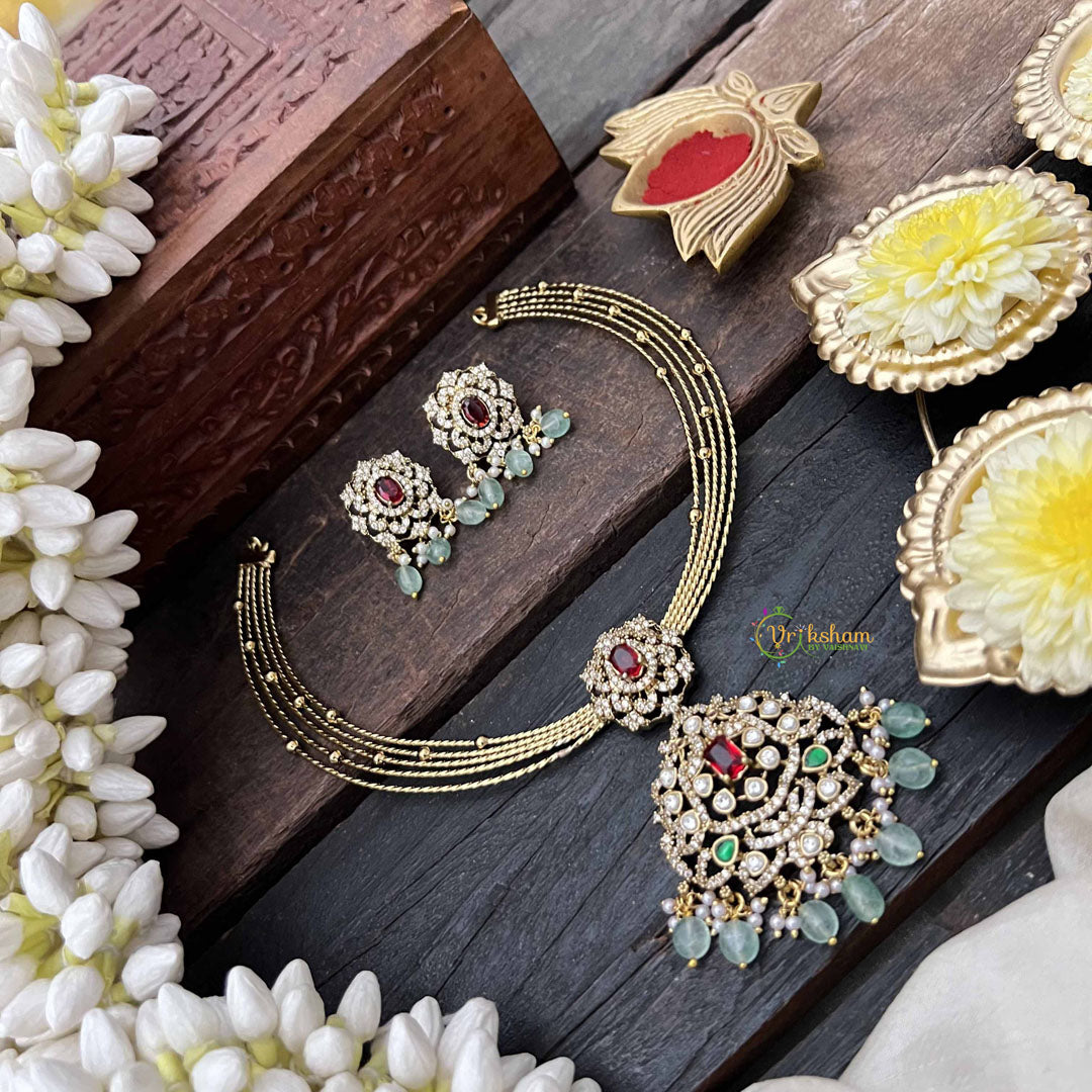 Vriksham Dual Peacock Gold-Plated With AD Stone Pendant Hasli Choker-Red-Green Bead-G20529