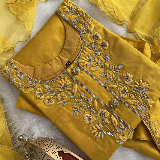 Mustard Stitched Suit Set - Dola Silk - VS3844