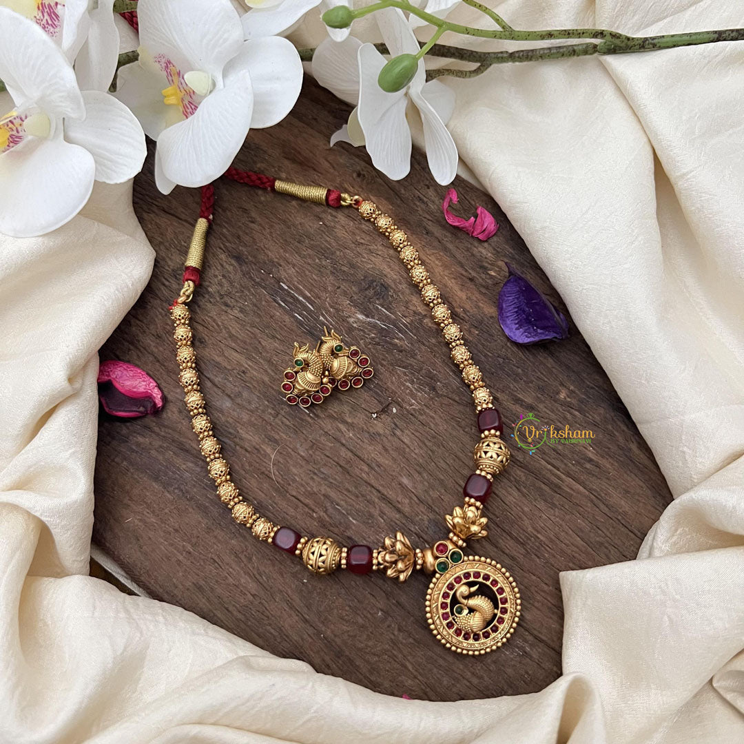 Gold Look Alike Beaded Peacock Pendant Mala-Maroon Bead-G15036