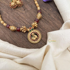 Gold Look Alike Beaded Peacock Pendant Mala-Maroon Bead-G15036