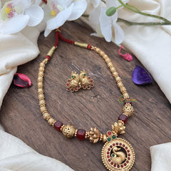 Gold Look Alike Beaded Peacock Pendant Mala-Maroon Bead-G15036