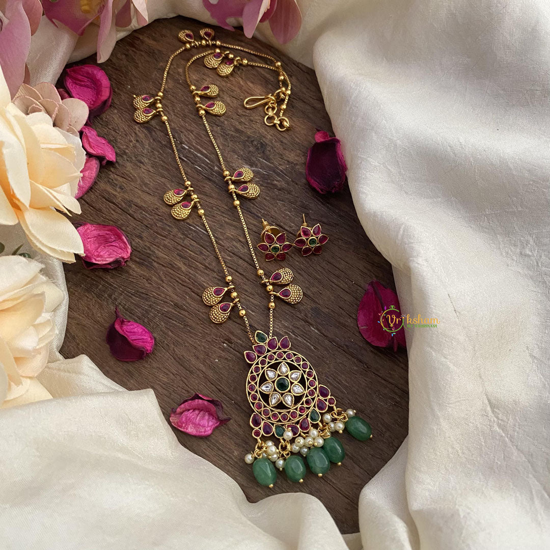 Vriksham Exclusive Red Green Stone Pendant Chain-Green Bead-G15633