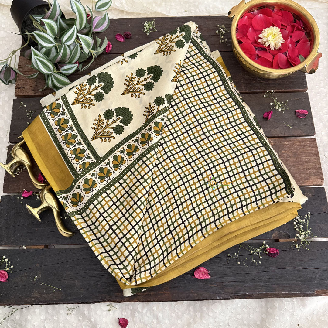 Vriksham Naaz Brige Green Musterd Hand Block Printed Ajrakh Modal Silk Saree-VS4670
