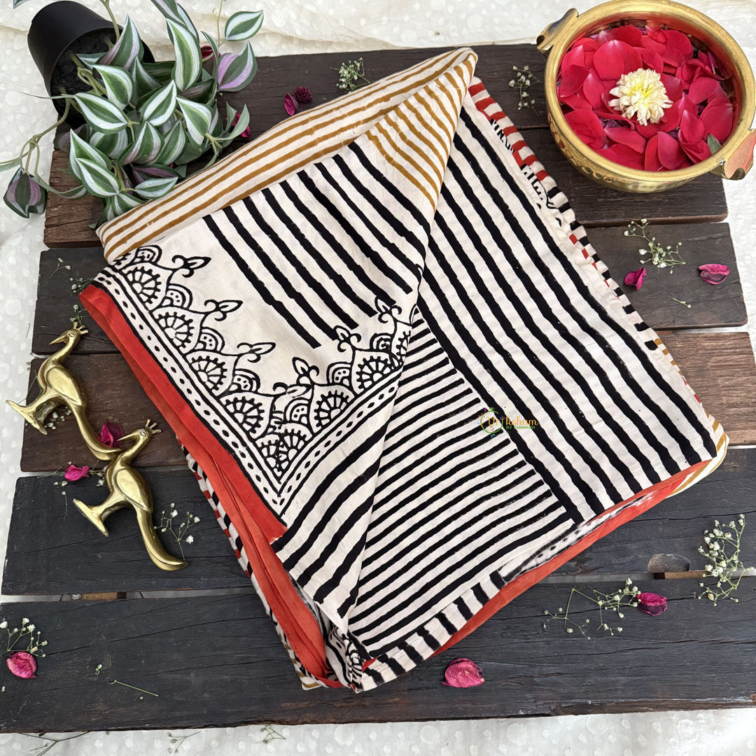 Vriksham Off White With Multi Color Striped Print Ajrakh Modal Silk Saree-VS4665
