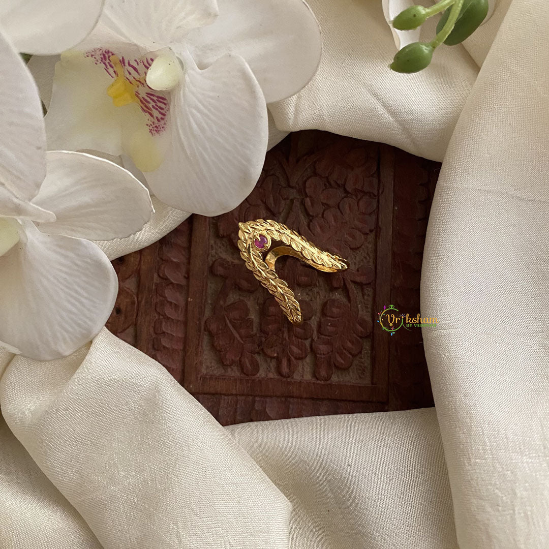 Vriksham Antique Gold Look Alike Leaf Shape Vangi Ring-Red-G16908