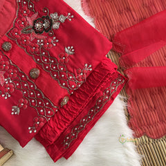 Red Stitched Suit Set - Dola Silk - VS3841