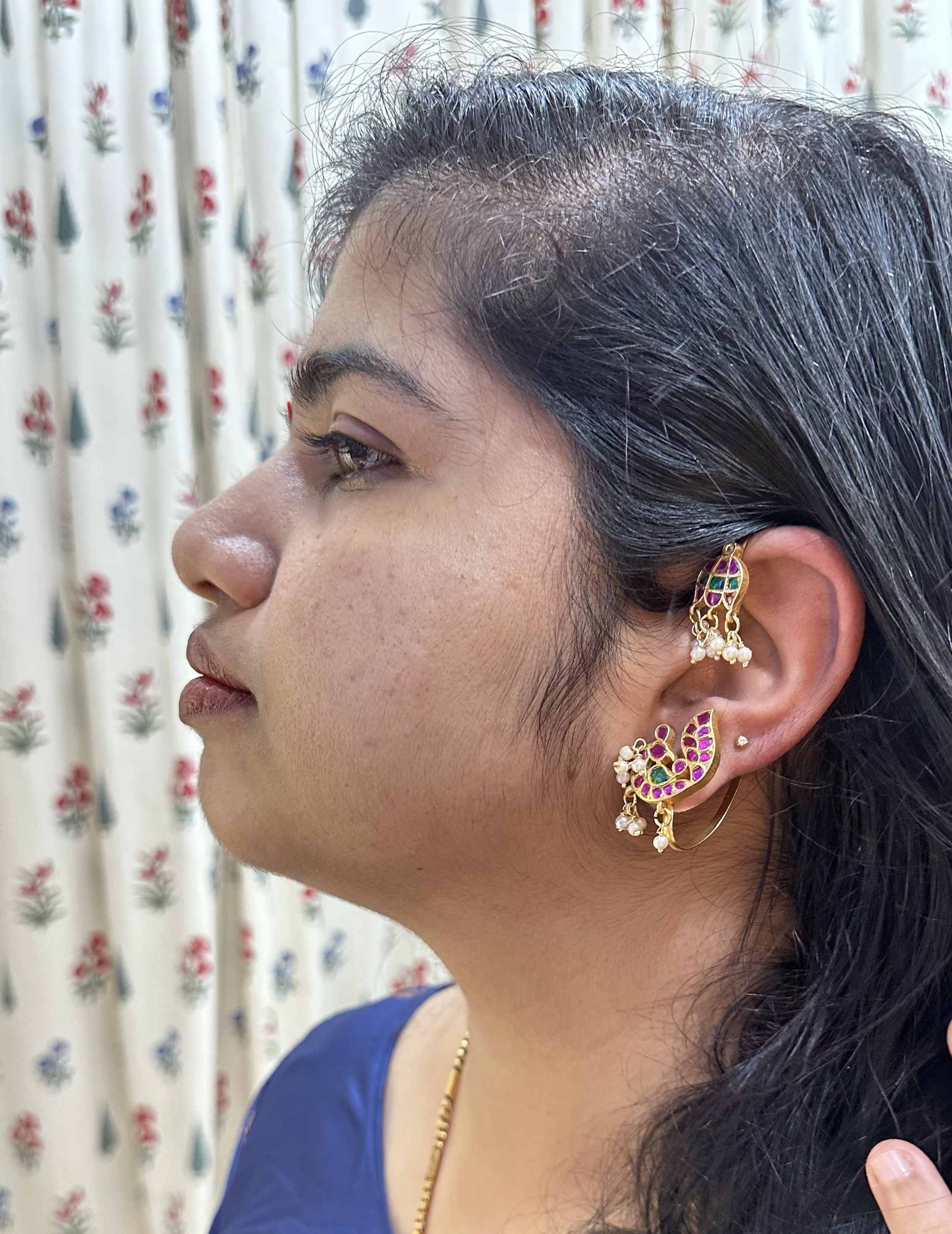 Vriksham Peacock Style Jadau Stud & Ear Cuffs Bugadi With Pearls-G19995
