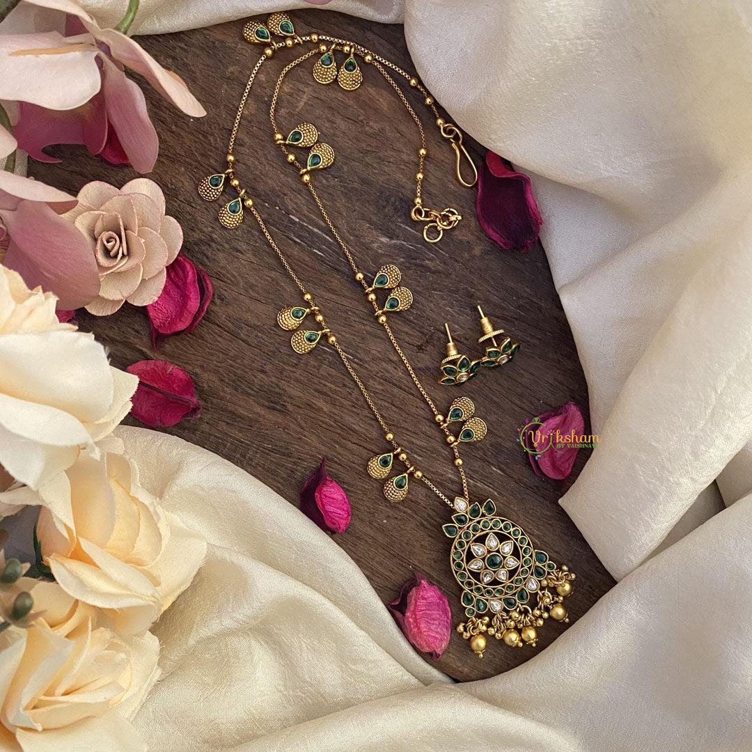 Vriksham Exclusive Green Stone Pendant Chain-Golden Bead-G15625
