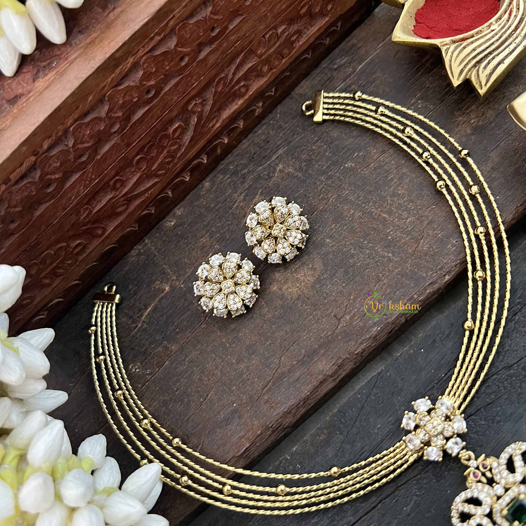 Vriksham Traditional Gold-Plated With Floral AD Stone Pendant Hasli Choker-Green-Green Bead-G20527