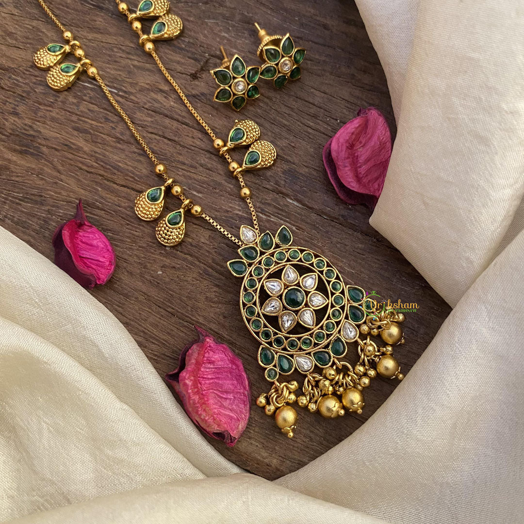 Vriksham Exclusive Green Stone Pendant Chain-Golden Bead-G15625