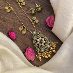 Vriksham Exclusive Green Stone Pendant Chain-Golden Bead-G15625