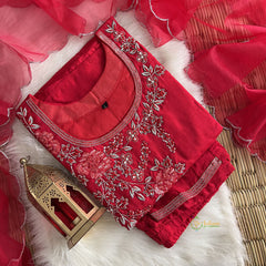 Red Stitched Suit Set - Dola Silk - VS3839
