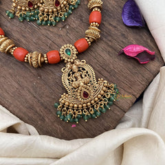 Premium Gold Alike Beaded Lakshmi Pendant Mala-Coral-G15035