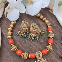 Premium Gold Alike Beaded Lakshmi Pendant Mala-Coral-G15035