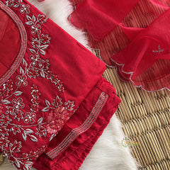Red Stitched Suit Set - Dola Silk - VS3839