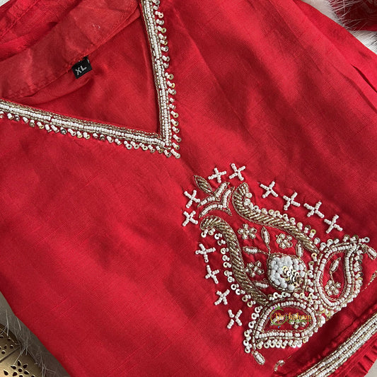 Red Stitched Suit Set - Dola Silk - VS3837