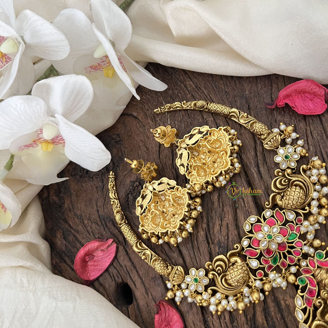 Vriksham Gold Plated Kundan Jadau Lakshmi with Dual Peacock Hasli Neckpiece-Pearl-J3439