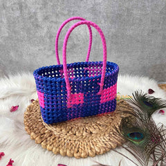 Vrikshamand Woven Plastic Wire Tote Bag With Vibrant Navy & Neon Pink Checkerboard Basket-KRG2138