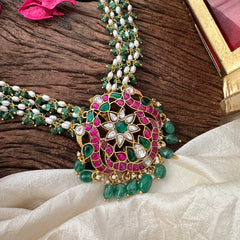 Exquisite Dual Peacock Jadau Kundan Pendant Chain -Rice Pearl-Green Beads-J2292