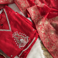 Red Stitched Suit Set - Dola Silk - VS3837