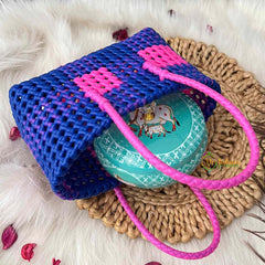 Vrikshamand Woven Plastic Wire Tote Bag With Vibrant Navy & Neon Pink Checkerboard Basket-KRG2138