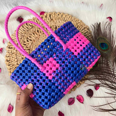 Vrikshamand Woven Plastic Wire Tote Bag With Vibrant Navy & Neon Pink Checkerboard Basket-KRG2138