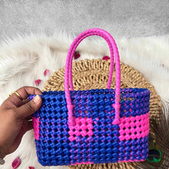 Vrikshamand Woven Plastic Wire Tote Bag With Vibrant Navy & Neon Pink Checkerboard Basket-KRG2138