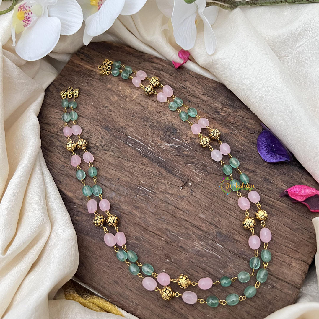 Layered Golden Bead Mala-Green and Pastel Pink Bead-G15004