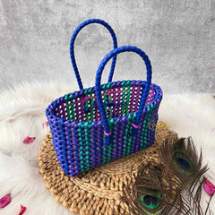 Vriksham Woven Plastic Wire Tote Bag With Green,Blue & Pink Checkerboard Basket-KRG2143