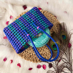 Vriksham Woven Plastic Wire Tote Bag With Green,Blue & Pink Checkerboard Basket-KRG2143
