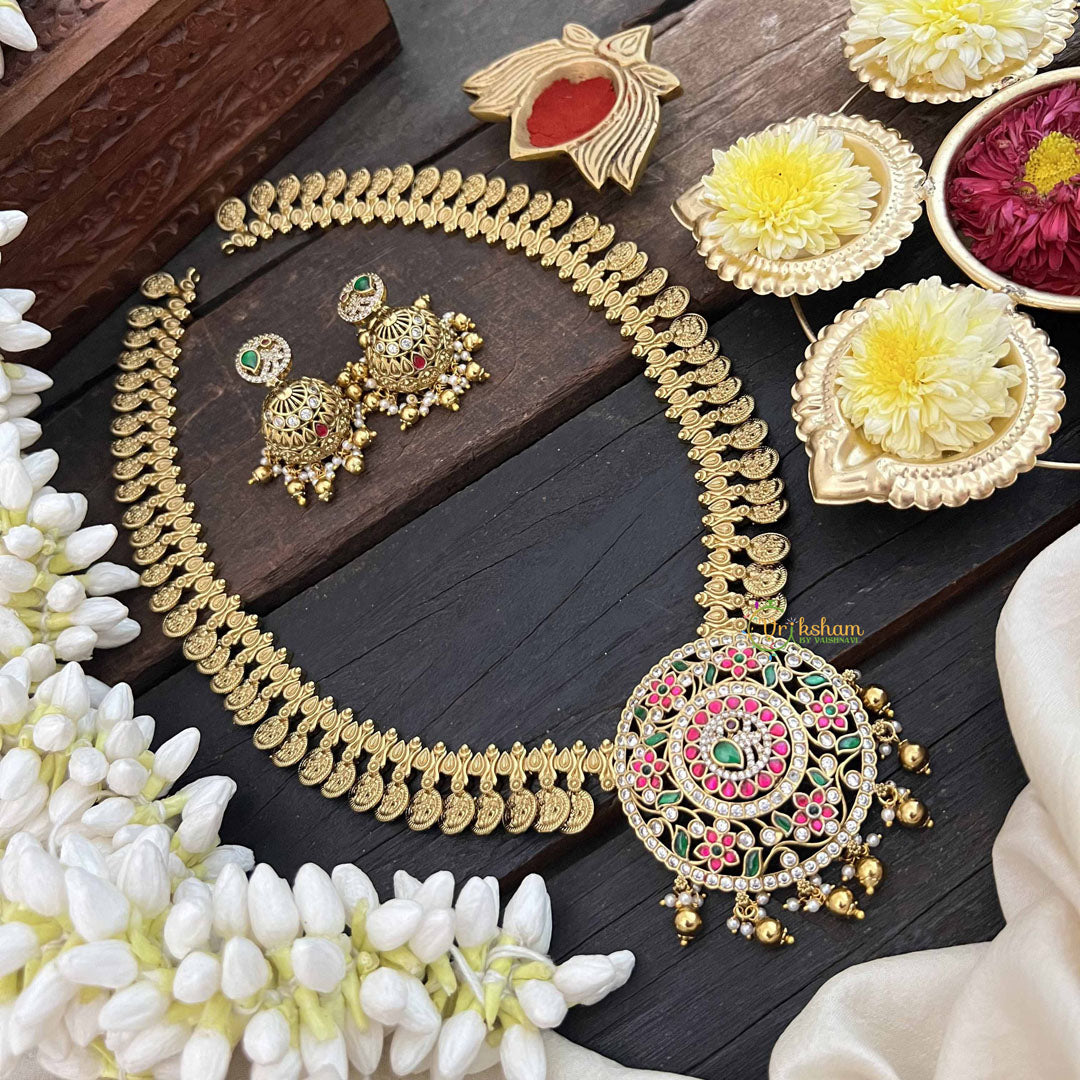 Vriksham Antique Lakshmi Coin With Round Pendant Long Neckpiece-Gold Bead & Pearls-G20547