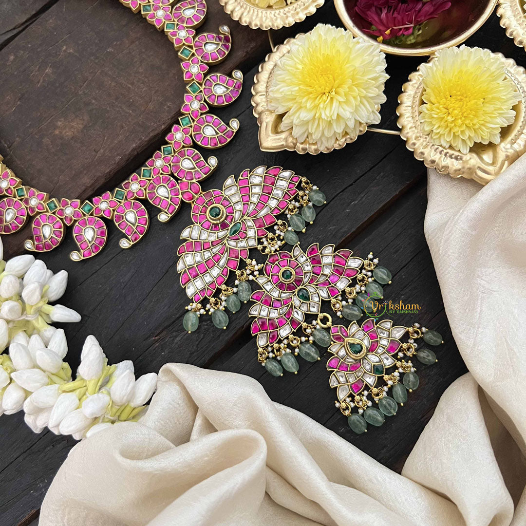 Vriksham Designer 3 Lotus Pendant Manga With Floral Style Kundan Jadau Neckpiece-Red Green & White-Green Bead-J3813