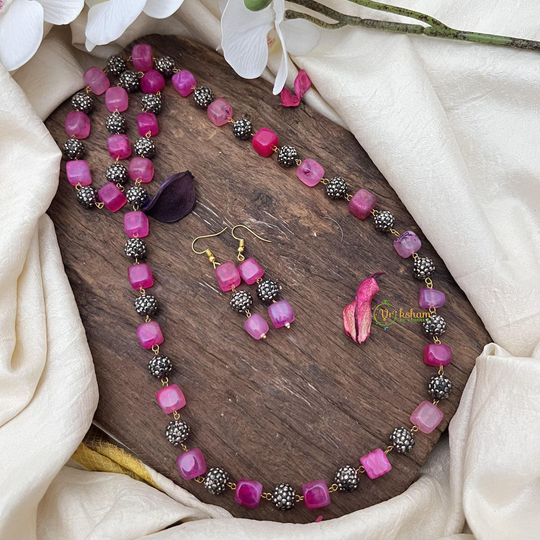 Elegant Pink Stone with Silver Bead Mala-G15021