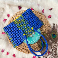 Vrikshamand Woven Plastic Wire Tote Bag With Vibrant Navy & Yellow Checkerboard Basket-KRG2140