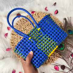Vrikshamand Woven Plastic Wire Tote Bag With Vibrant Navy & Yellow Checkerboard Basket-KRG2140