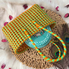 Vriksham Woven Plastic Wire Tote Bag With Green & Orange Checkerboard Basket-KRG2142