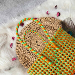 Vriksham Woven Plastic Wire Tote Bag With Green & Orange Checkerboard Basket-KRG2142