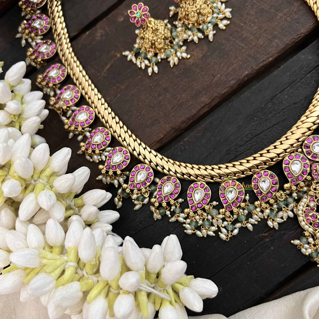 Vriksham Temple Elegance Floral Pendant With Manga Pattern Kundan Jadau Neckpiece-Red White-Rice Pearl-J3816