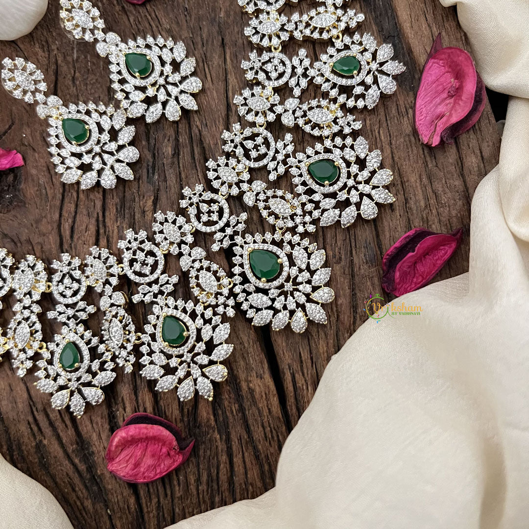 Vriksham Bridal American Diamond Short Neckpiece-Green-G18947
