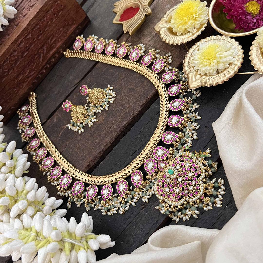 Vriksham Temple Elegance Floral Pendant With Manga Pattern Kundan Jadau Neckpiece-Red White-Rice Pearl-J3816