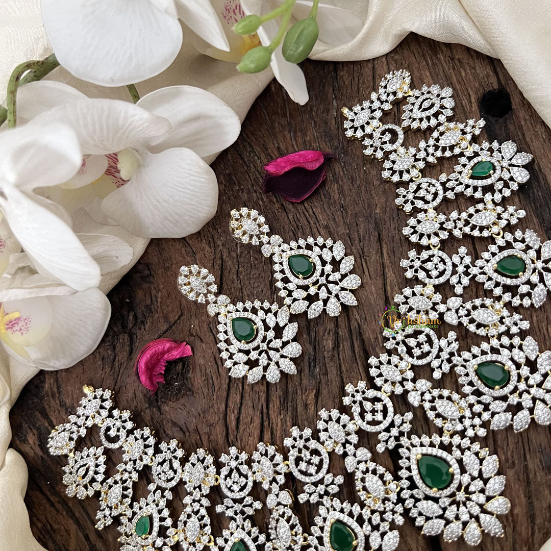 Vriksham Bridal American Diamond Short Neckpiece-Green-G18947