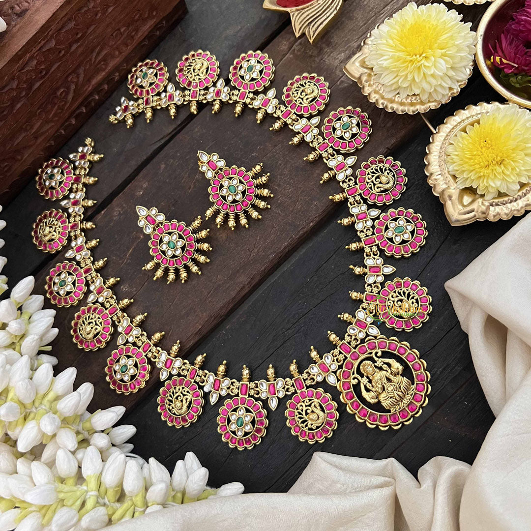 Vriksham Antique Gold Plated Lakshmi Coin Kundan Jadau Long Neckpiece-Red White & Green-J3817