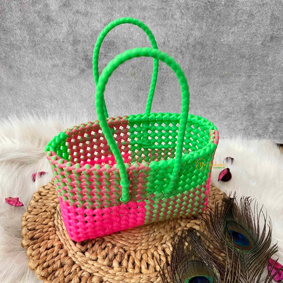 Vriksham Woven Plastic Wire Tote Bag With Green & Pink Checkerboard Basket-KRG2141