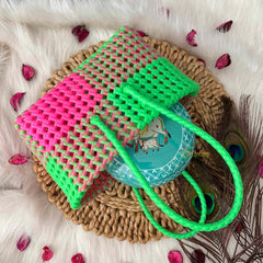 Vriksham Woven Plastic Wire Tote Bag With Green & Pink Checkerboard Basket-KRG2141
