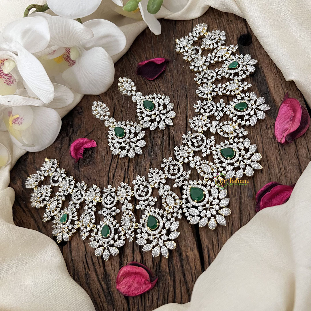 Vriksham Bridal American Diamond Short Neckpiece-Green-G18947