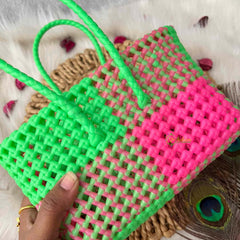 Vriksham Woven Plastic Wire Tote Bag With Green & Pink Checkerboard Basket-KRG2141