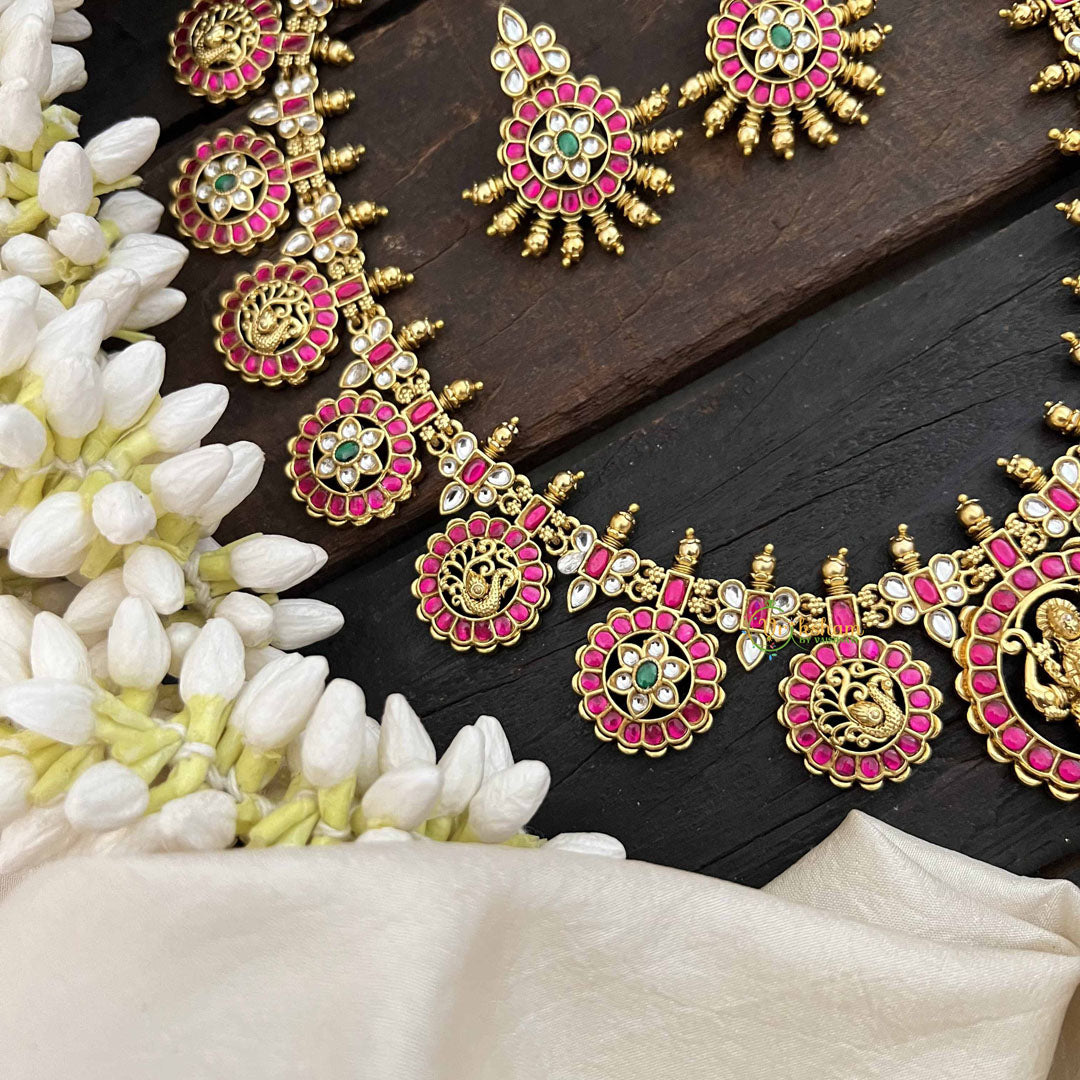 Vriksham Antique Gold Plated Lakshmi Coin Kundan Jadau Long Neckpiece-Red White & Green-J3817