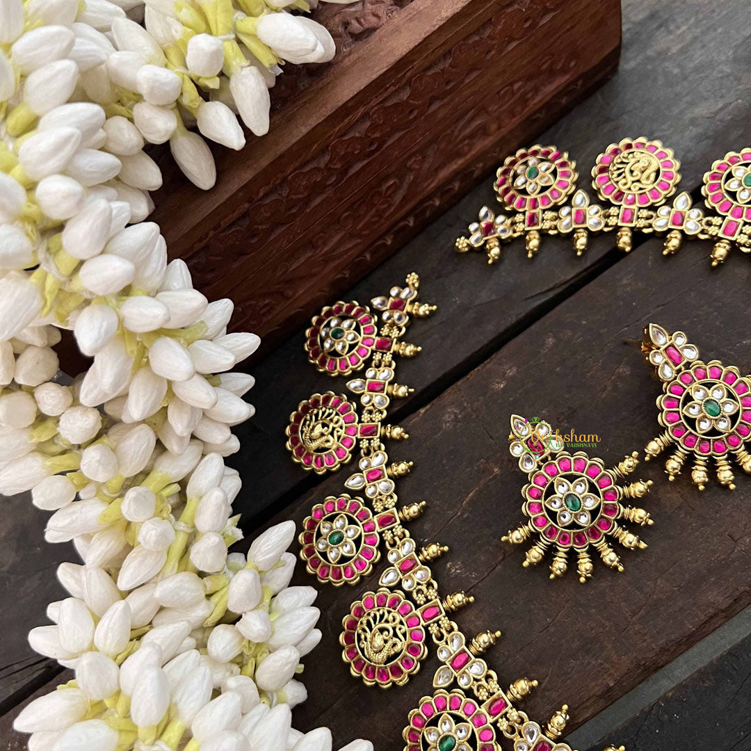 Vriksham Antique Gold Plated Lakshmi Coin Kundan Jadau Long Neckpiece-Red White & Green-J3817