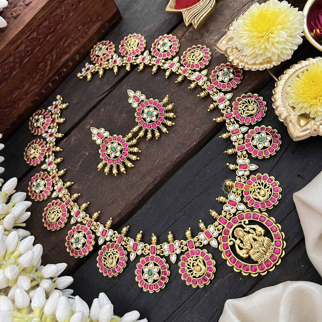 Vriksham Antique Gold Plated Lakshmi Coin Kundan Jadau Long Neckpiece-Red White & Green-J3817