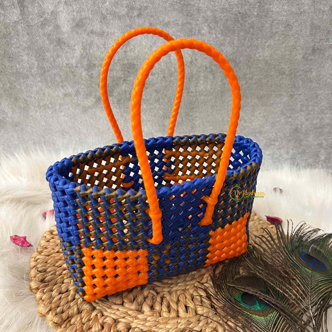 Vrikshamand Woven Plastic Wire Tote Bag With Vibrant Navy & Orange Checkerboard Basket-KRG2139